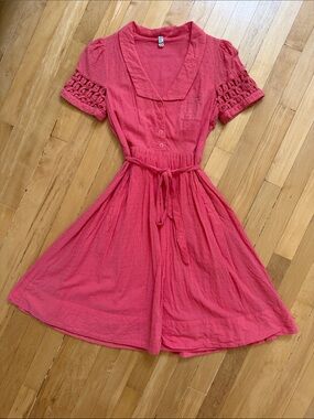 ⚡️ Sale Anthropologie Maeve Coral-Pink Short Sleeve Midi Dress Size 4 Glee 50's